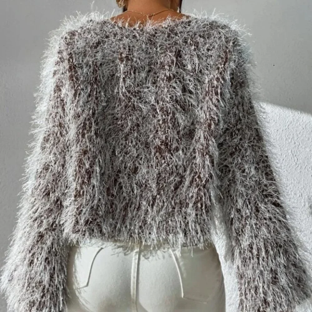 fluffy knit Off Shoulder Trumpet Sleeve Sweater Top Brown - Picture 3 of 9